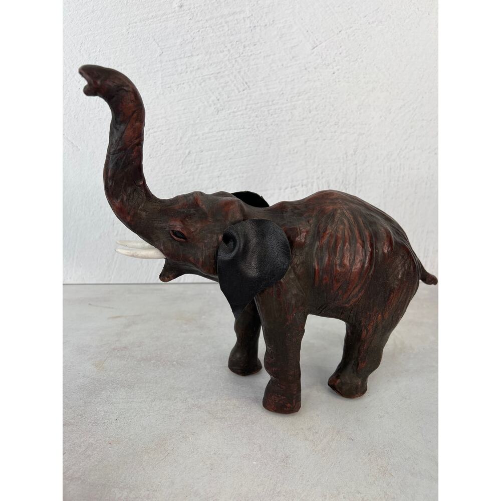 VTG‎ Elephant Brown Leather wrapped with tusks Trunk up